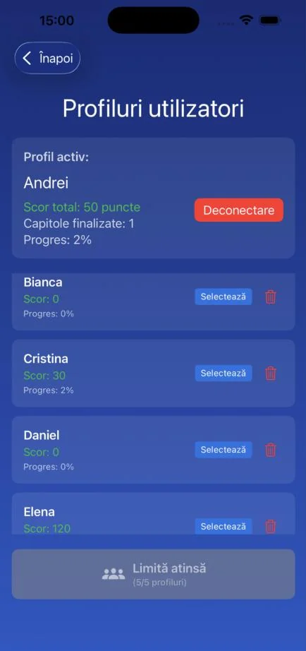 Ecranul de profiluri: până la cinci profiluri pe un dispozitiv